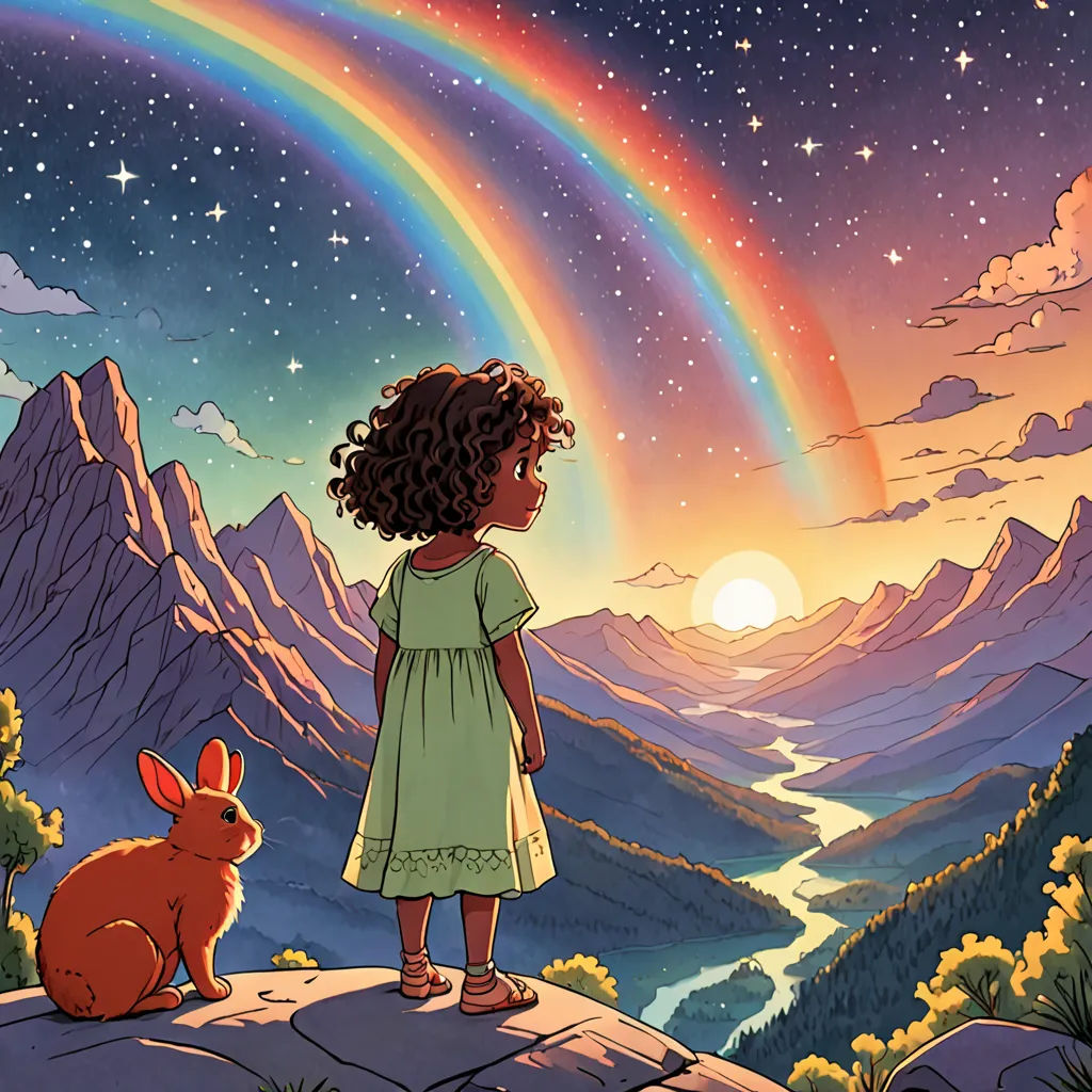 a little girl standing on a rock looking at a rainbow in the sky with a rabbit sitting on the ground, magical realism, a storybook illustration, Colin Middleton, comic cover art