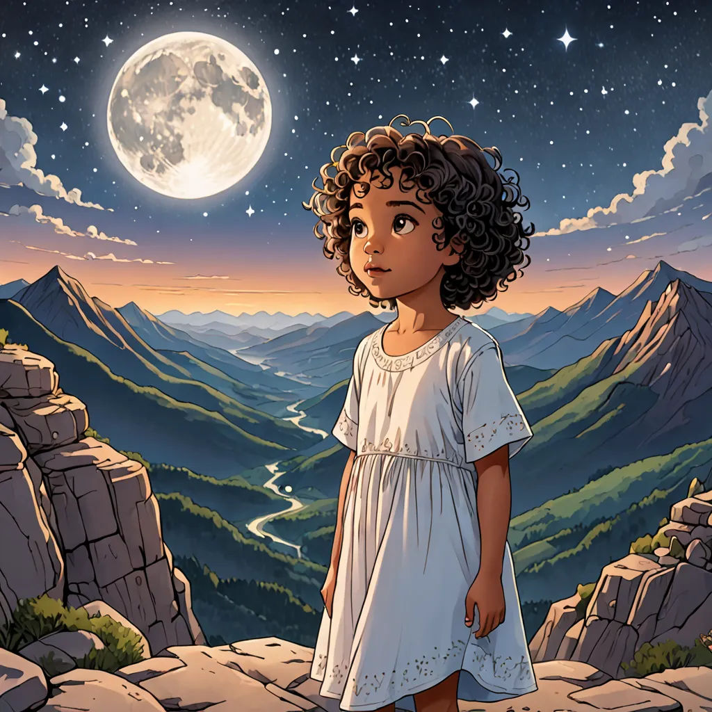 a young girl standing on a mountain looking at the moon in the sky above her head and mountains in the background, space art, a storybook illustration, Cliff Childs, storybook illustration