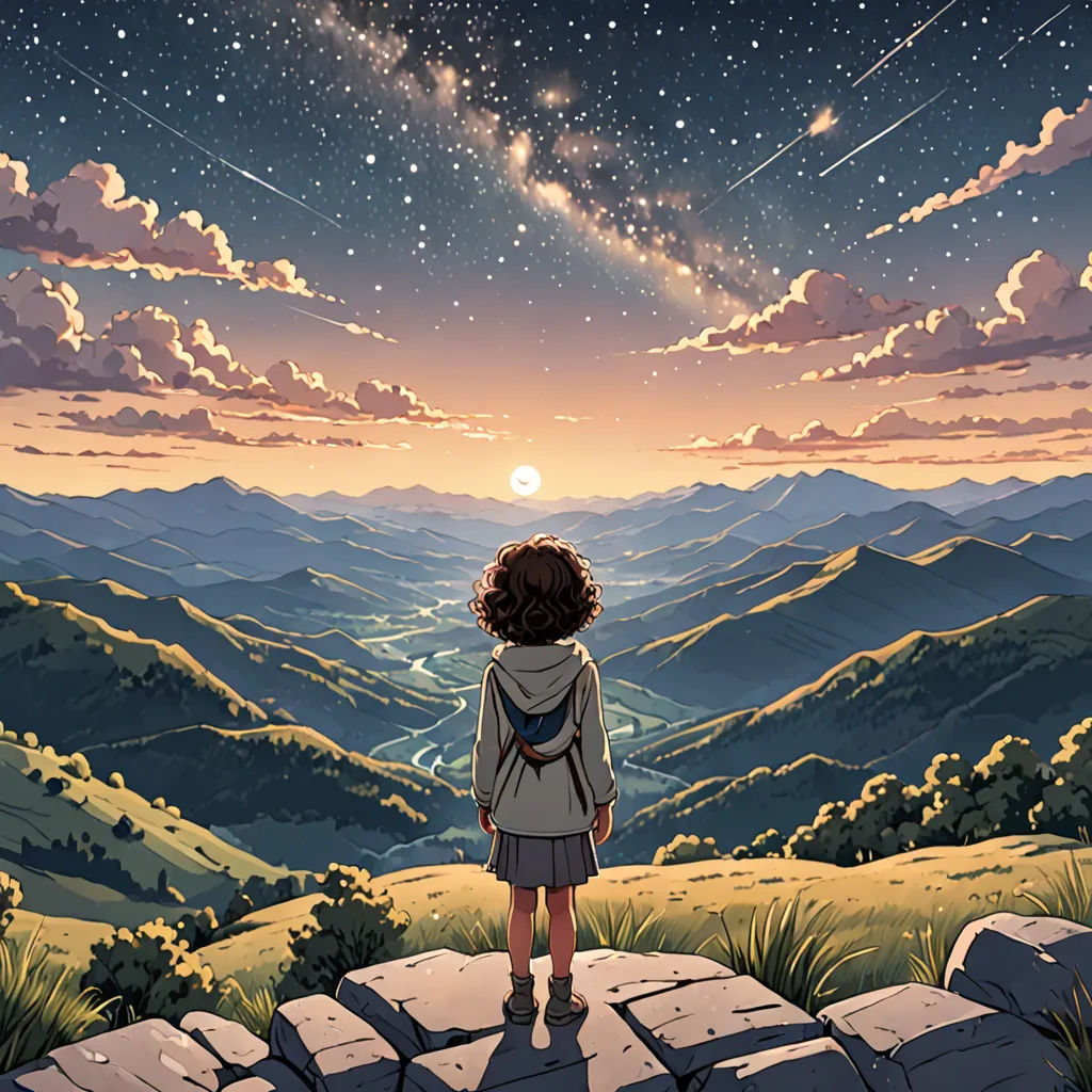 a girl looking at the stars in the sky over a mountain range with a valley below her and a valley below her, space art, a storybook illustration, Dan Mumford, official art