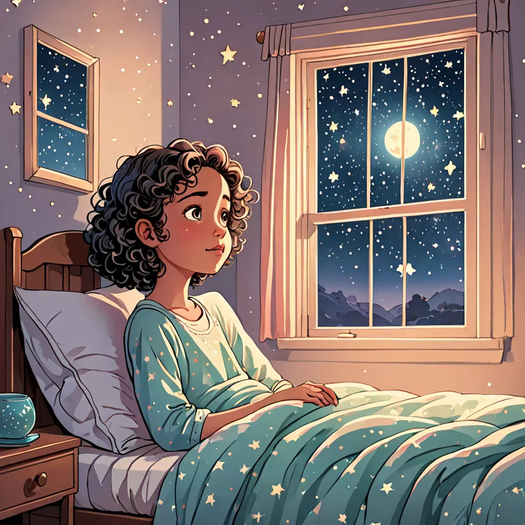 a girl is sitting in bed looking out the window at the stars outside of the window and the moon outside, space art, a storybook illustration, Atey Ghailan, storybook illustration
