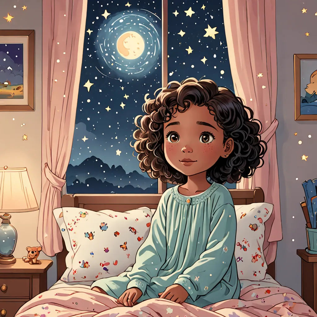 a little girl sitting on a bed in front of a window with stars and a moon in the sky, space art, a storybook illustration, Cliff Childs, storybook illustration