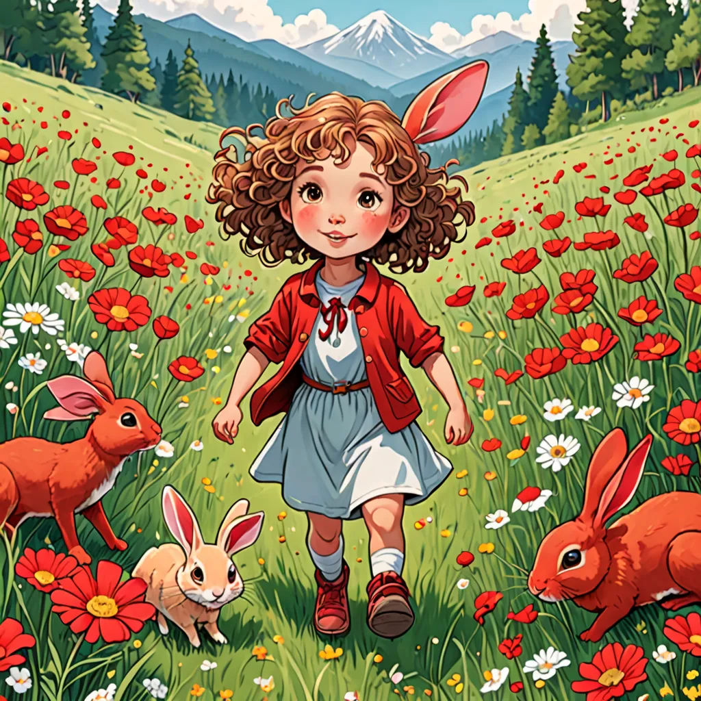 a little girl is walking through a field with rabbits and flowers in the background, with a mountain in the distance, naive art, a storybook illustration, Alice Prin, storybook illustration