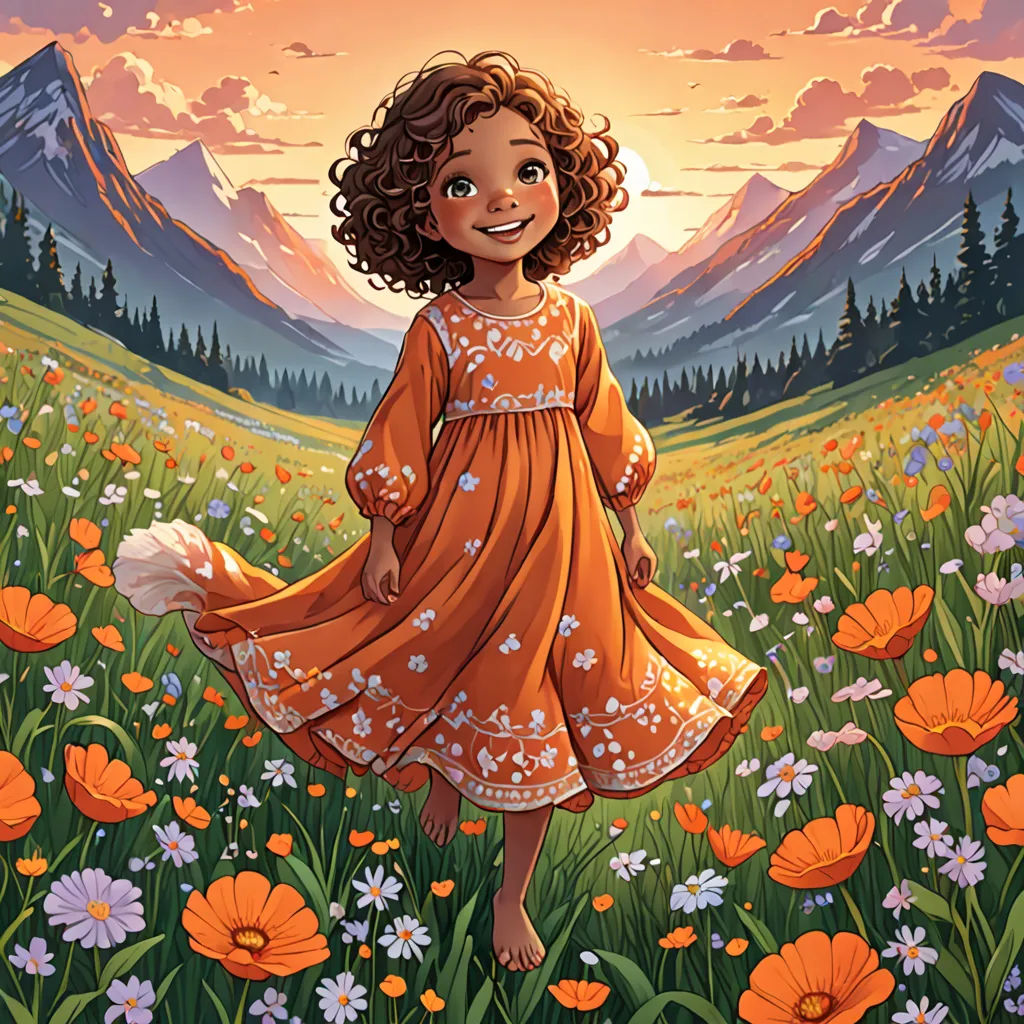 a painting of a girl in a field of flowers with mountains in the background and a sunset in the sky, color field, a storybook illustration, Ada Hill Walker, comic cover art