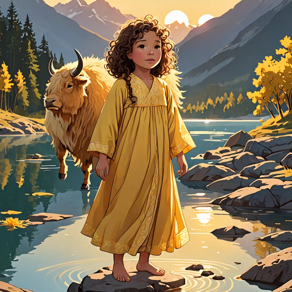 a painting of a girl in a yellow dress standing on a rock in a river with a mountain range in the background, synthetism, a storybook illustration, Colin Middleton, promotional image