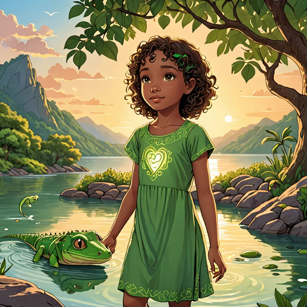 a girl in a green dress standing in a river next to a frog and a tree with a heart on it, magical realism, a storybook illustration, Carol Sutton, storybook illustration