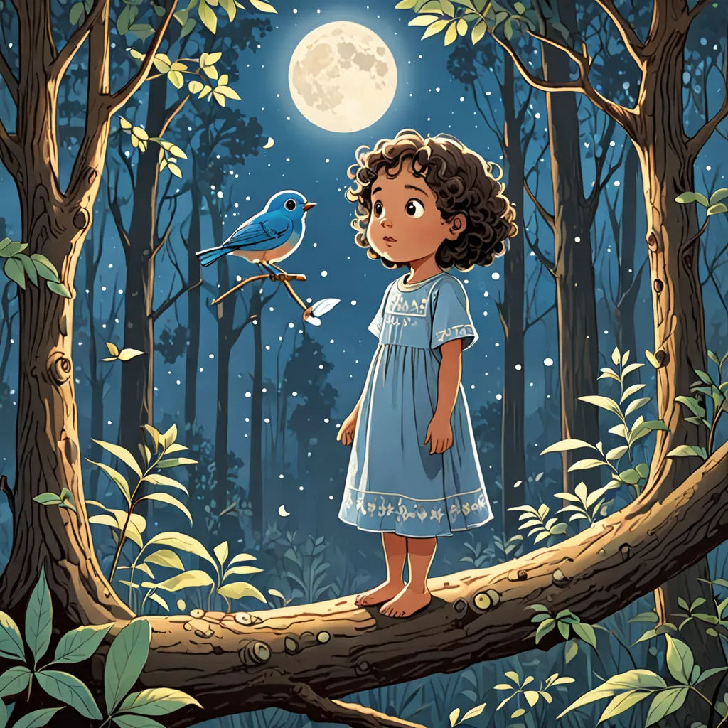 a little girl standing on a branch in the woods looking at a bird on a tree branch at night, magical realism, a storybook illustration, Diego Gisbert Llorens, storybook illustration