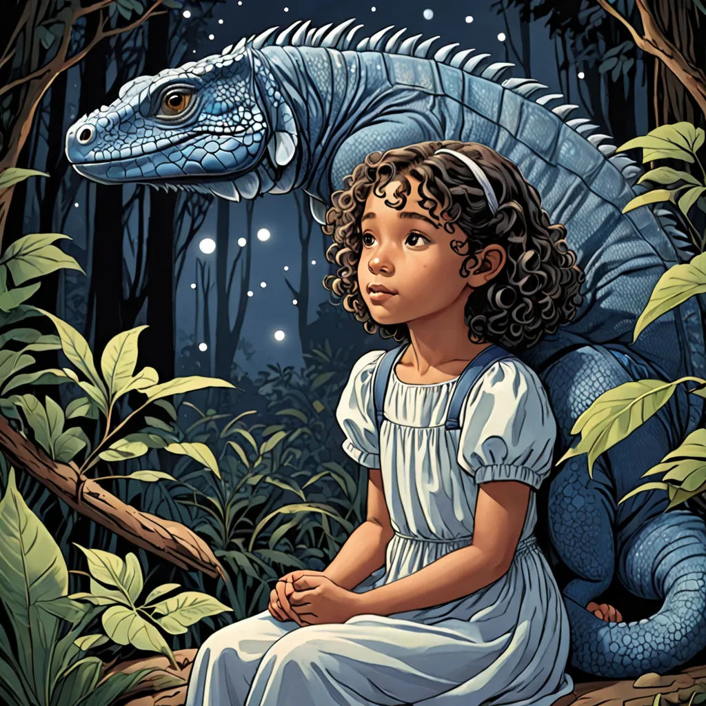 a girl sitting on a dinosaur in the forest with a dragon on her back and a blue dragon on her shoulder, magical realism, a storybook illustration, Adam Rex, storybook illustration