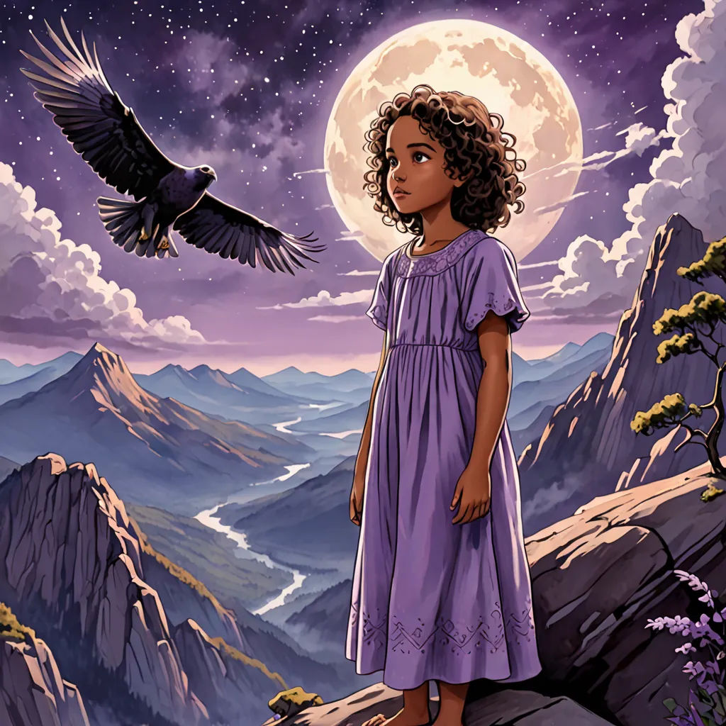 a painting of a girl standing on a mountain with a bird flying over her head and a full moon in the background, fantasy art, a storybook illustration, Cliff Childs, comic cover art