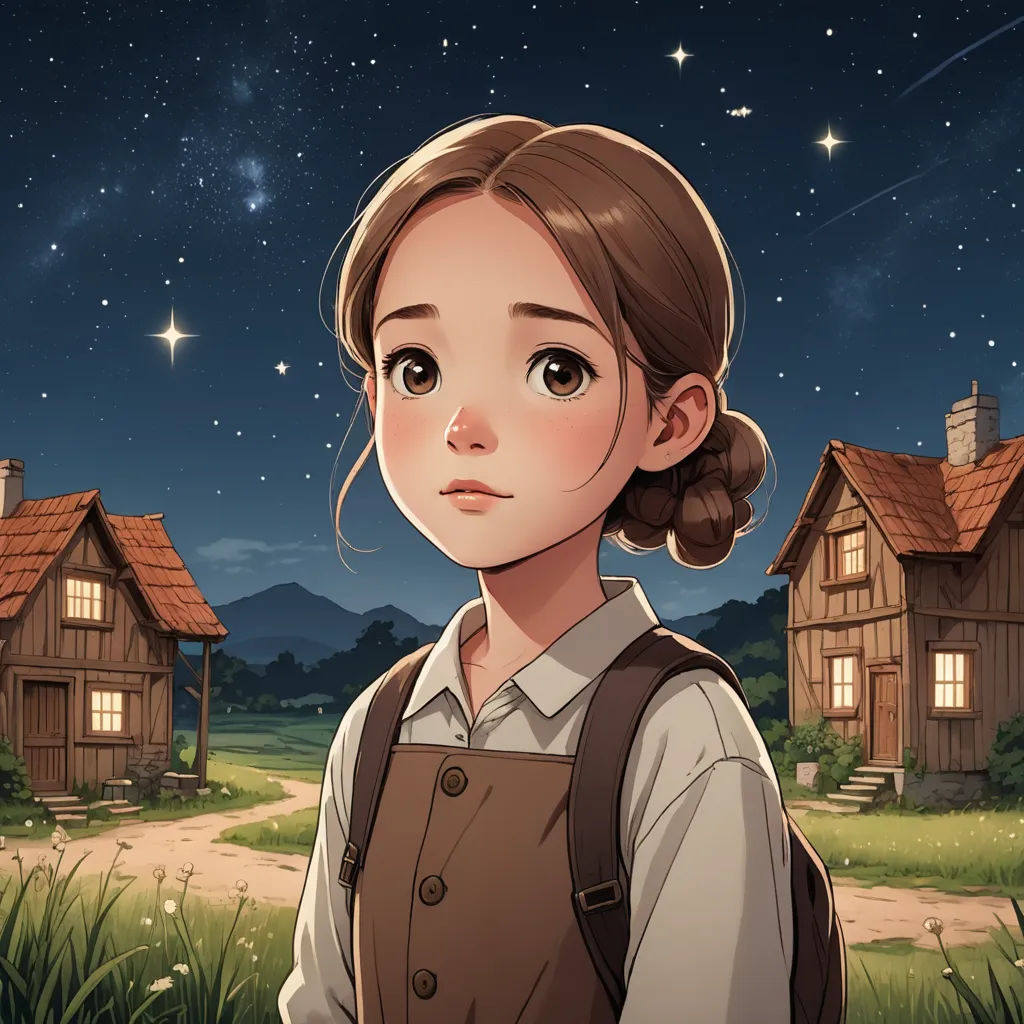 a girl standing in front of a house with a star in the sky above her head and a field of grass, space art, a character portrait, Byeon Sang-byeok, trending on art station