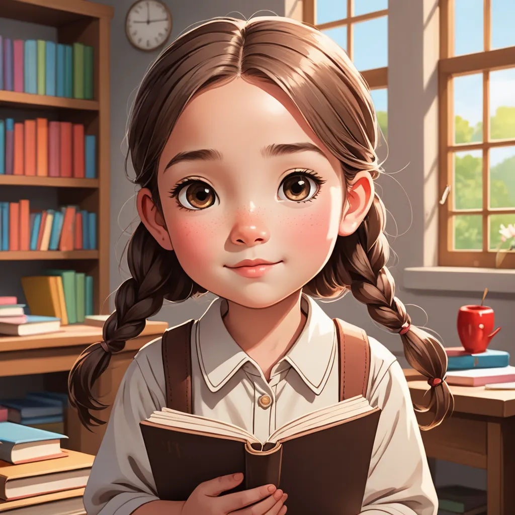 a girl is reading a book in a library with a clock in the background and a window with a view, fantasy art, a storybook illustration, Chen Lin, storybook illustration