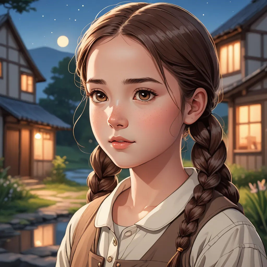 a girl with a braid standing in front of a house at night with a full moon in the background, fantasy art, a character portrait, Anne Said, character portrait