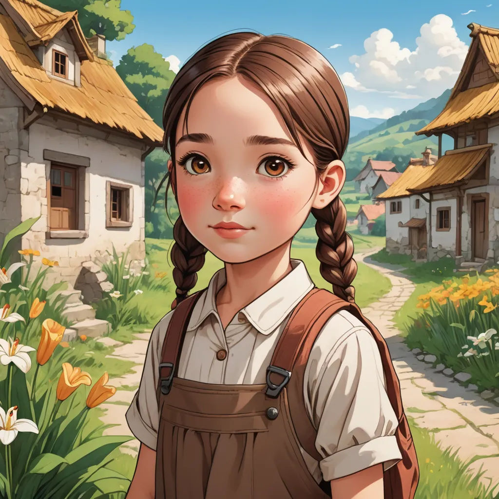 a girl with braids standing in front of a house and flowers in the foreground, with a path leading to the house, fantasy art, a storybook illustration, Colin Middleton, trending on art station