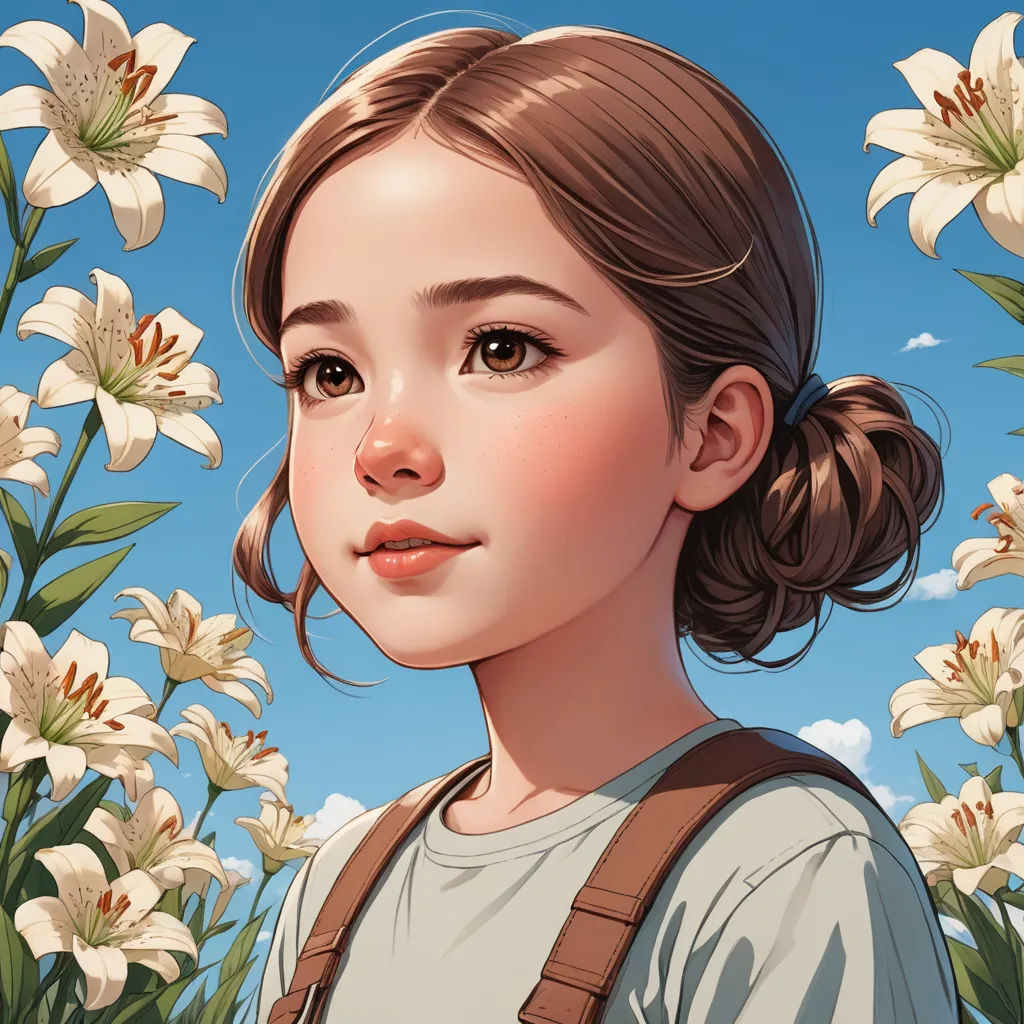 a girl with a ponytail standing in front of flowers and a sky background with clouds and a blue sky, photorealism, a detailed painting, Artgerm, trending on art station