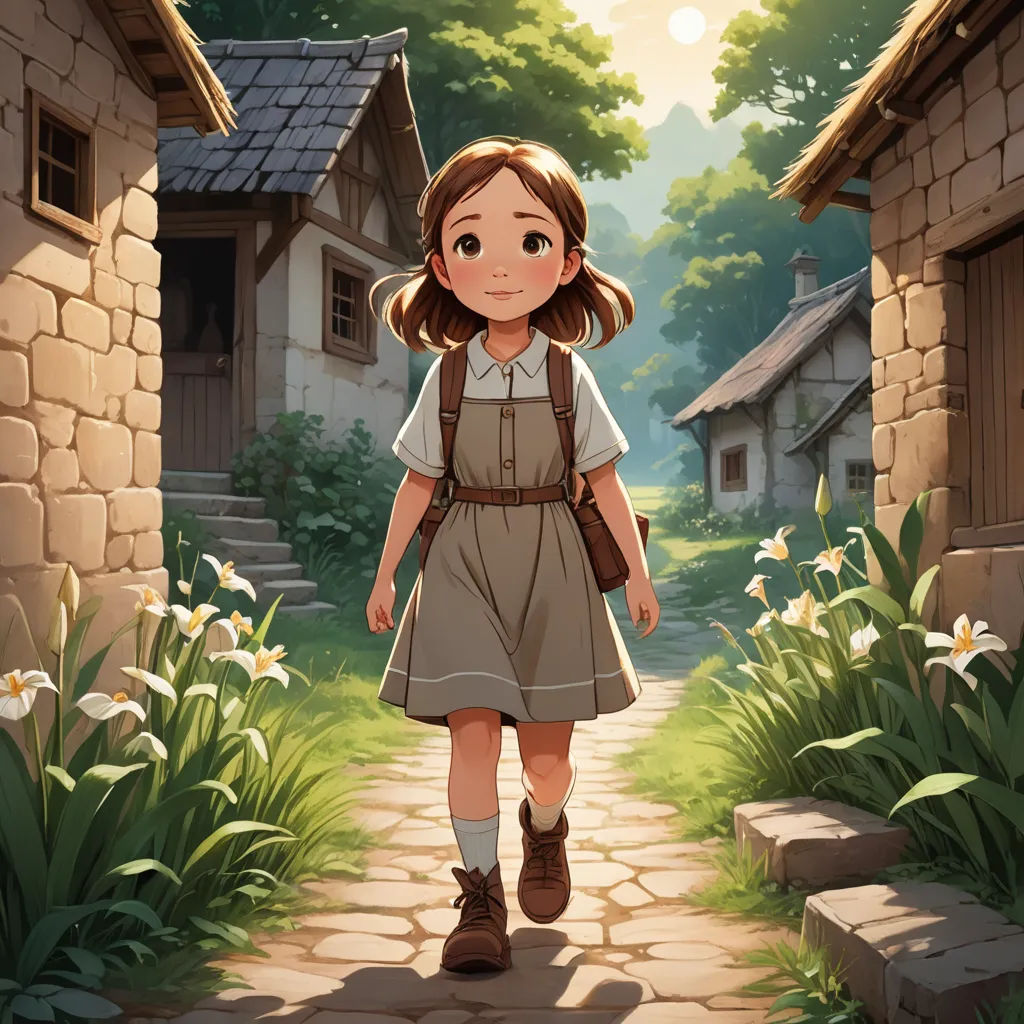 a girl walking down a path in a village with flowers and a house in the background with a sun shining, art & language, a storybook illustration, Anne Said, official art