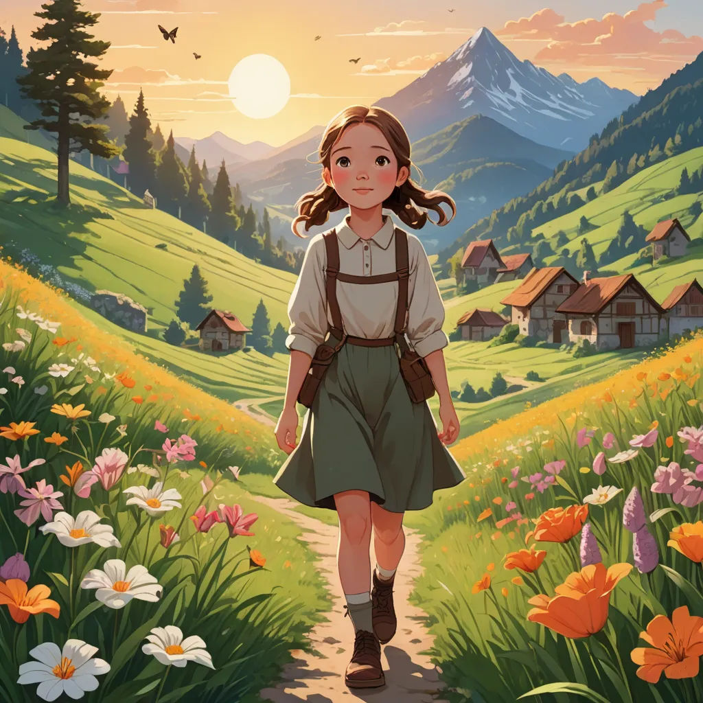 a girl walking down a path in a field of flowers with a bird flying overhead in the background and a mountain range in the distance, fantasy art, a storybook illustration, Atey Ghailan, rossdraws global illumination