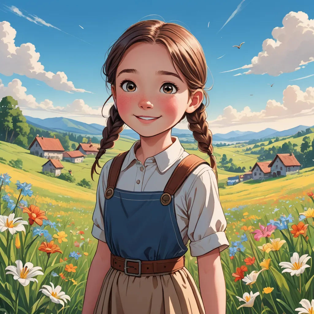 a girl in a field with flowers and a house in the background with a sky background and clouds in the sky, aestheticism, a storybook illustration, Anne Said, trending on art station