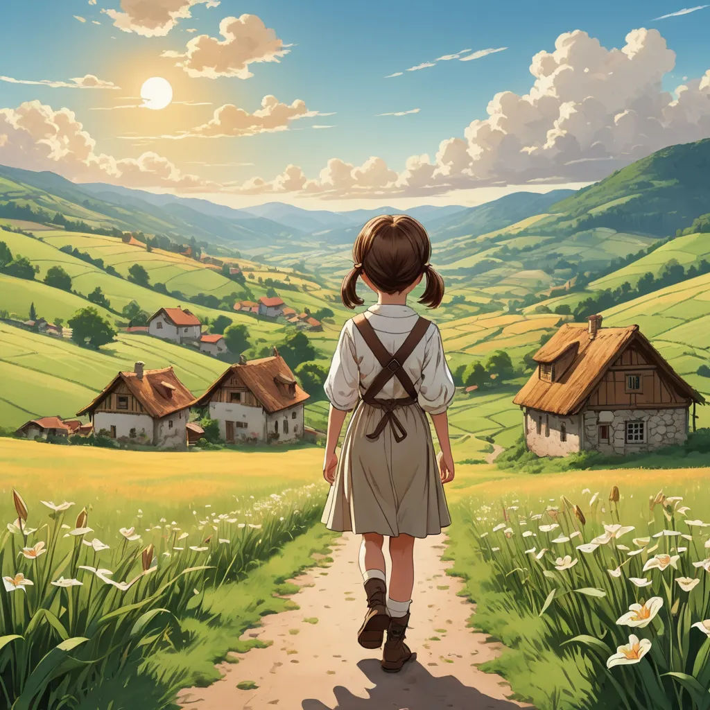 a girl walking down a path towards a village with a sun in the background and a field of flowers, fantastic realism, a detailed matte painting, Alice Prin, ghibli