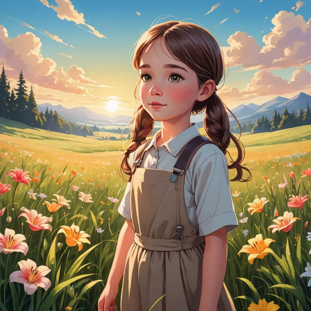 a painting of a girl in a field of flowers with a sunset in the background and clouds in the sky, art & language, a storybook illustration, Alice Prin, rossdraws global illumination