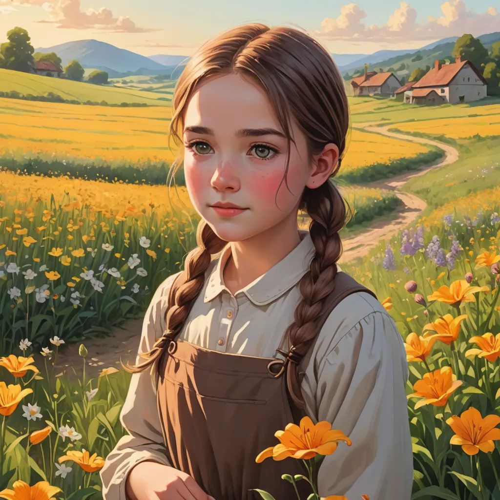 a painting of a girl in a field of flowers with a house in the background and a dirt path, american scene painting, a detailed painting, Andrea Kowch, trending on art station