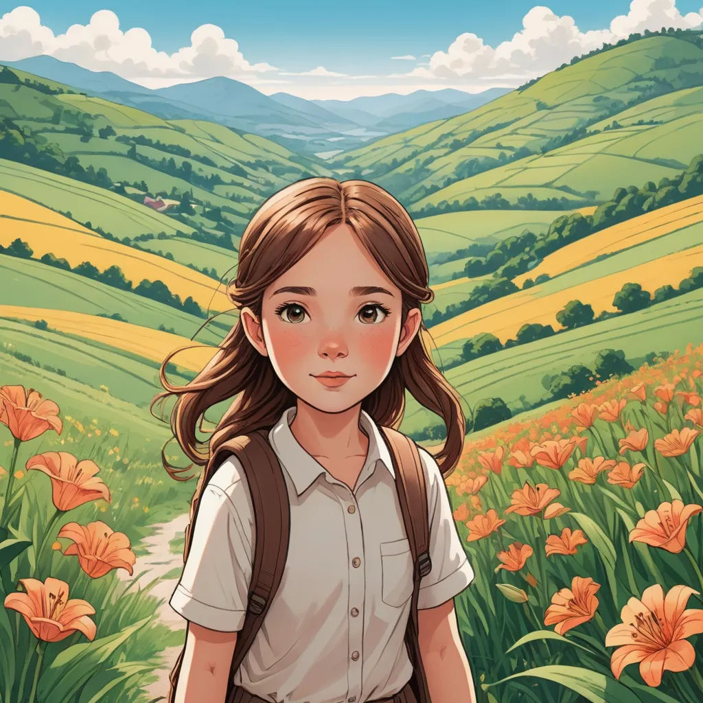 a girl in a field of flowers with a backpack on her back, looking at the camera, with a mountain in the background, art & language, a storybook illustration, Atey Ghailan, trending on art station