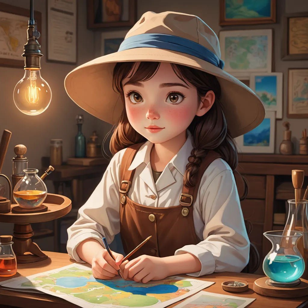 a girl in a hat is sitting at a desk with a map and a light bulb above her head, fantasy art, a detailed painting, artist, trending on art station