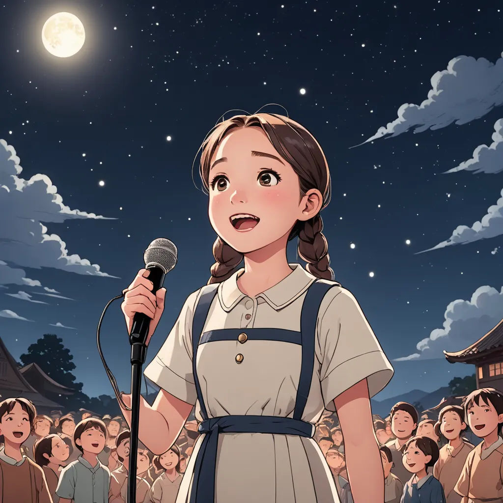a girl in a dress holding a microphone in front of a crowd of people in the night sky with a full moon, dau-al-set, a storybook illustration, An Gyeon, official art