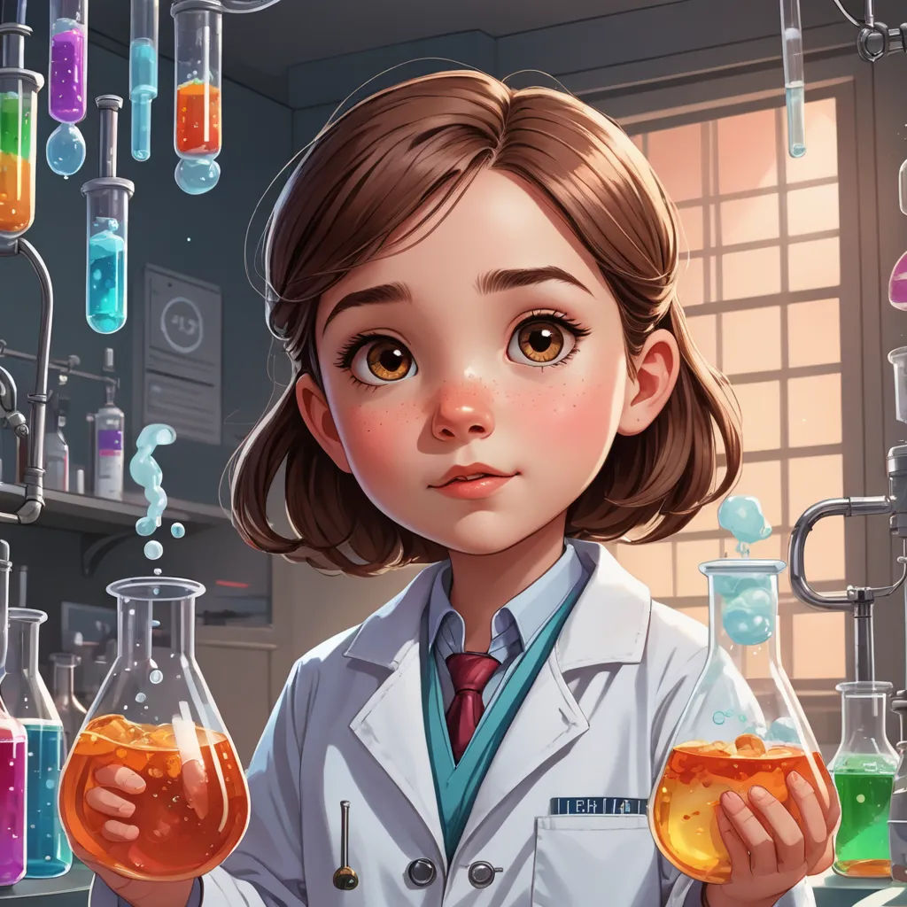 a girl in a lab coat holding a beakle of liquid in front of a set of test tubes, analytical art, a detailed painting, Artgerm, trending on art station