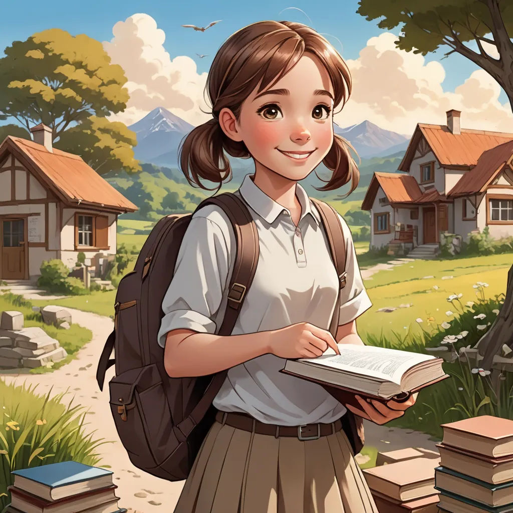 a girl is holding a book in her hands and smiling at the camera while standing in front of a house, paris school, a storybook illustration, Cliff Childs, storybook illustration