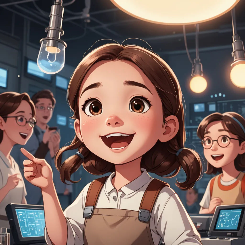 a cartoon girl pointing at something while others look on in the background with lights on and a light bulb hanging above her, les automatistes, a comic book panel, Choi Buk, official art