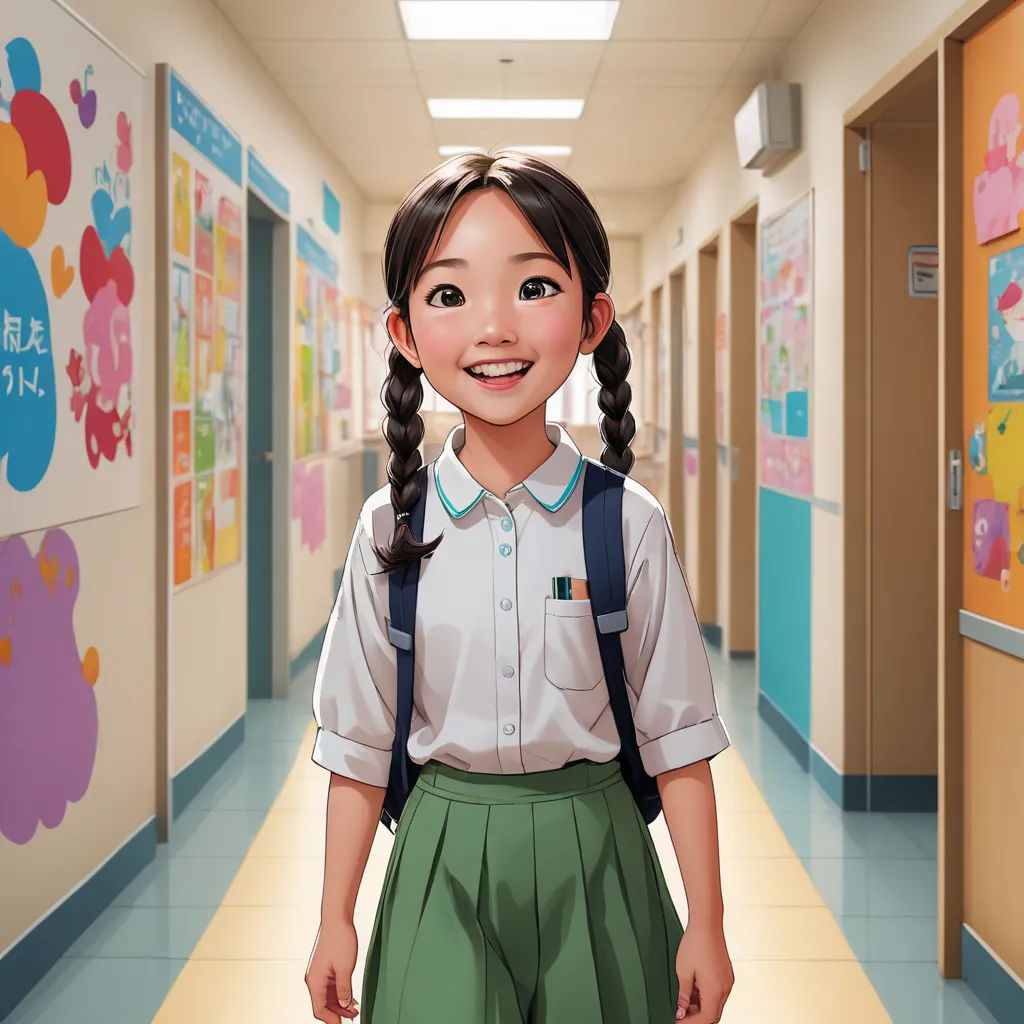 a cartoon girl with a backpack and a school uniform on is standing in a hallway with posters on the walls, photorealism, a character portrait, Chizuko Yoshida, official art