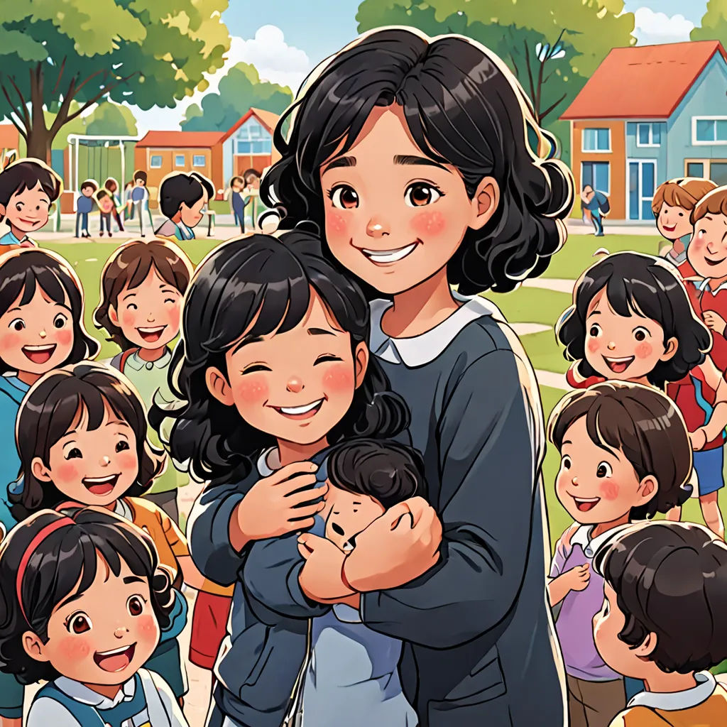 a woman hugging a child in front of a group of children in a park with houses in the background, vancouver school, a storybook illustration, Choi Buk, comic cover art