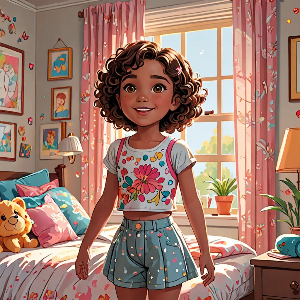 a cartoon girl standing in a bedroom with a teddy bear on the bed and a window behind her,, photorealism, a storybook illustration, Chris LaBrooy, pixar style