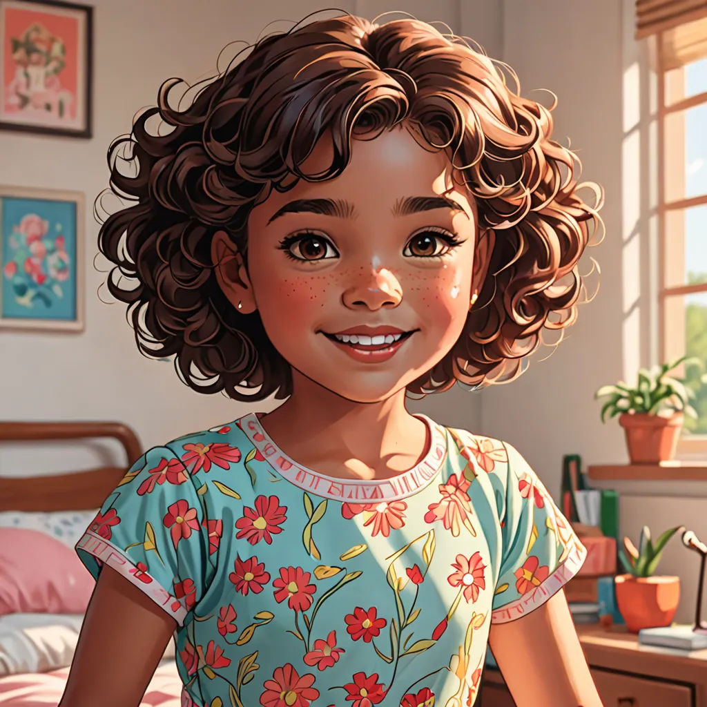 a digital painting of a young girl in a bedroom with a bed and a dresser with a flowered shirt on, photorealism, a detailed painting, Constance Gordon-Cumming, kinkade