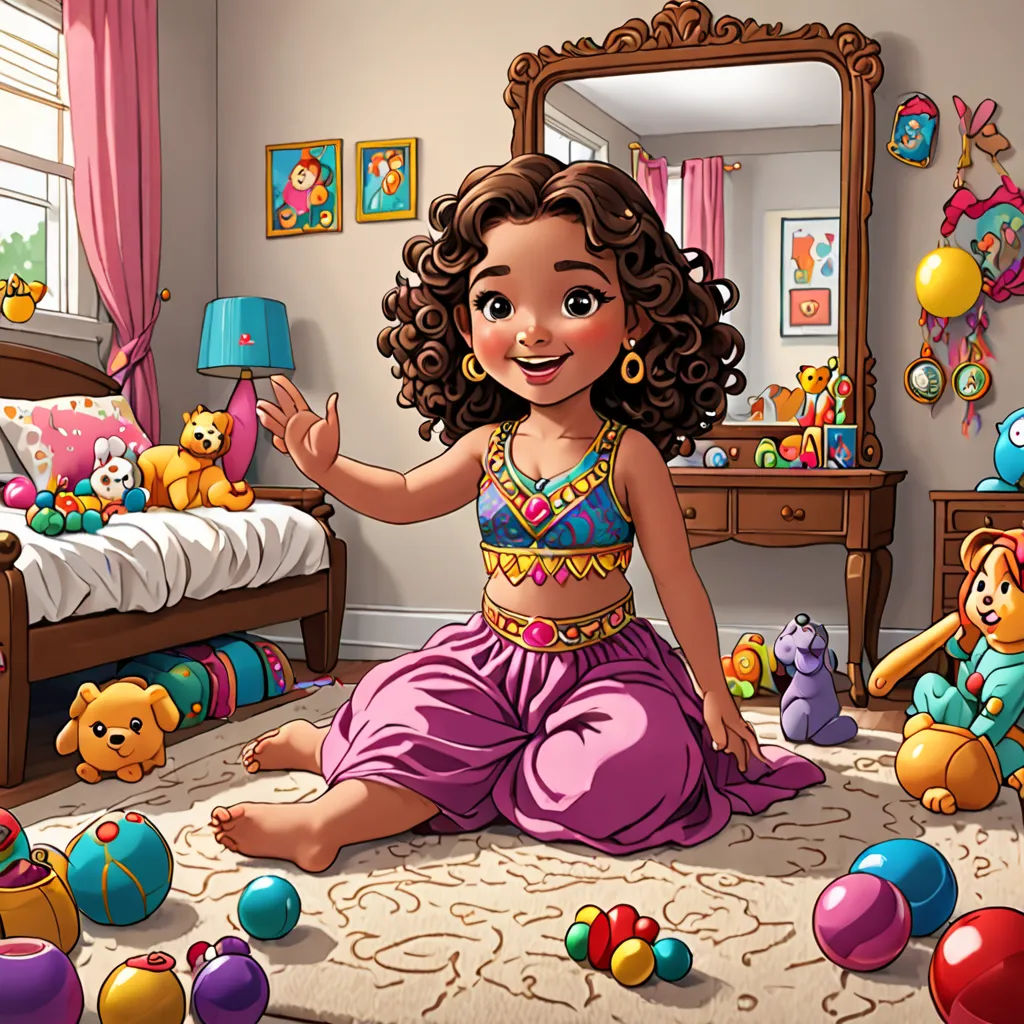 a cartoon girl sitting on the floor surrounded by toys and toys in a bedroom with a mirror and a teddy bear, lyco art, a storybook illustration, Ella Guru, highly detailed digital painting