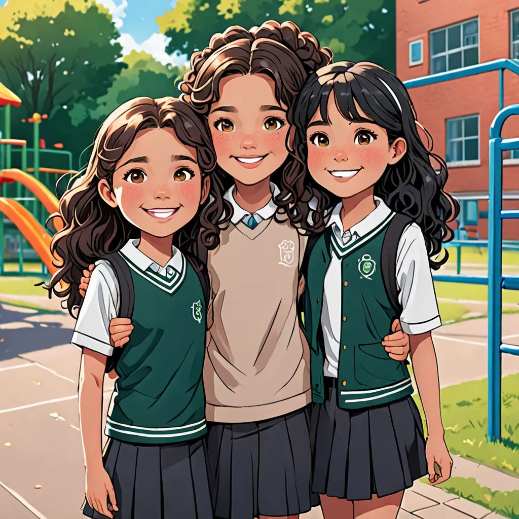 a group of three girls standing next to each other on a playground area with a playground in the background, rayonism, concept art, Caroline Lucy Scott, official art