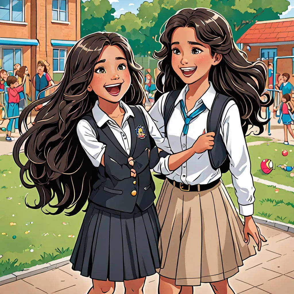 two girls in school uniforms standing next to each other on a sidewalk with a crowd of people behind them, quito school, a comic book panel, Ada Gladys Killins, comic cover art