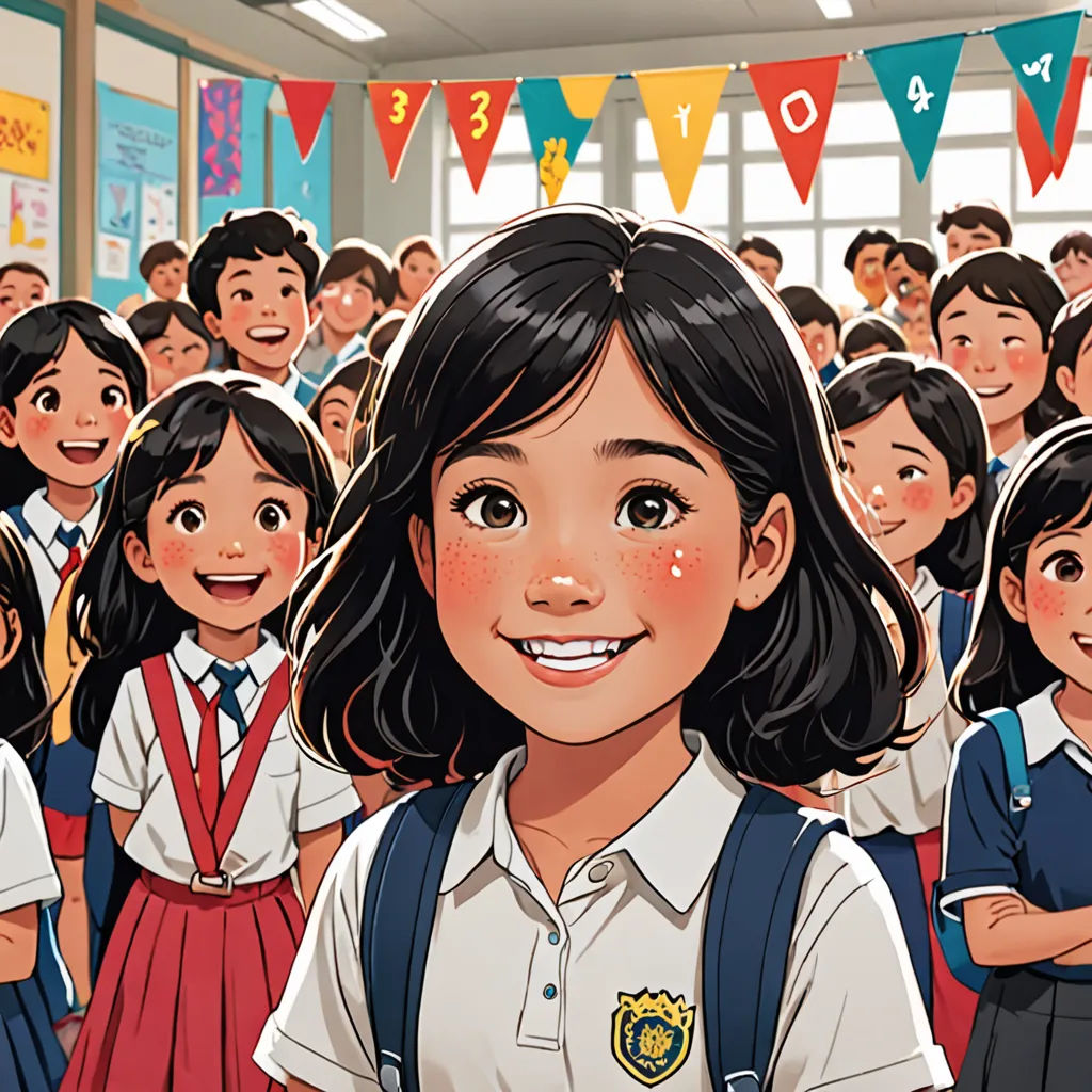 a cartoon of a school girl surrounded by school children in a classroom with bunting flags and bunting flags, paris school, a comic book panel, Choi Buk, official art