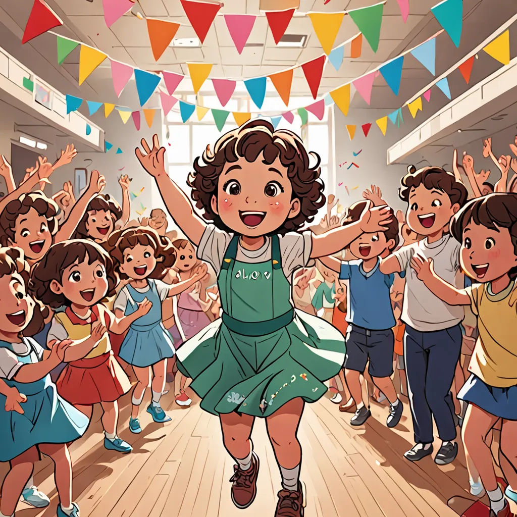 a girl in a green dress is dancing with a group of children in a room with flags and bunting, paris school, a comic book panel, Choi Buk, official art