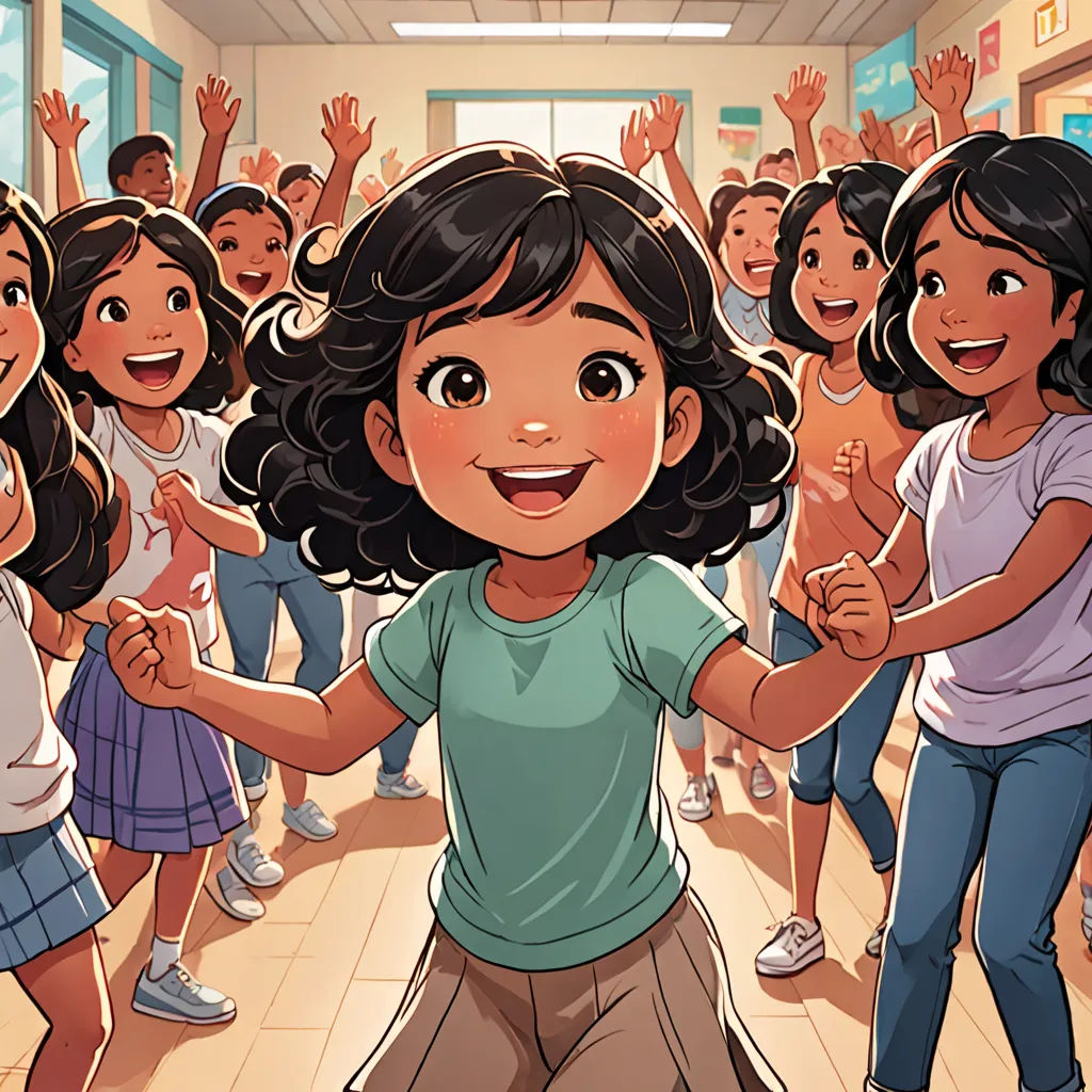 a cartoon of a girl dancing in a school hallway with other children in the background and a cartoon of a girl in a green shirt, paris school, a storybook illustration, Ella Guru, comic cover art