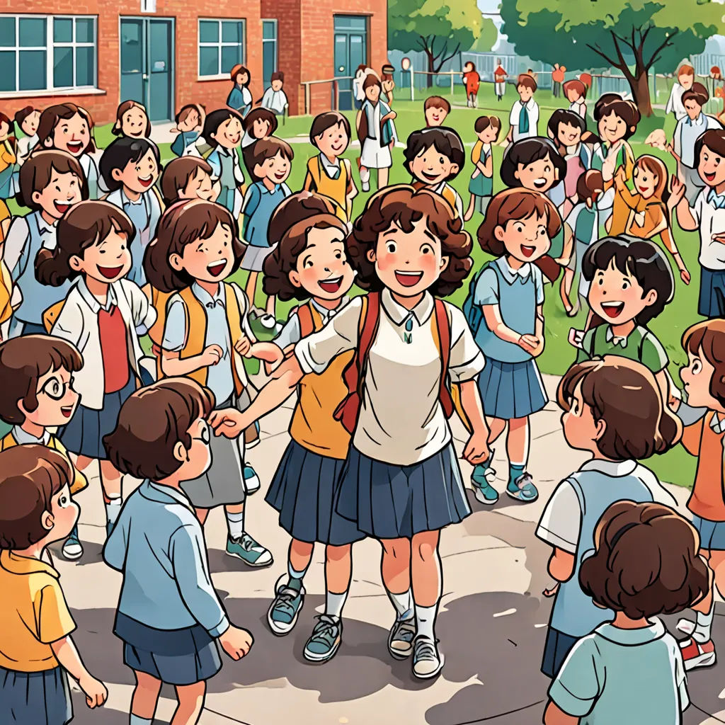 a group of children standing around a group of people in a park with a building in the background and a crowd of people standing around, danube school, a storybook illustration, Choi Buk, manga and anime 1 9 9 9