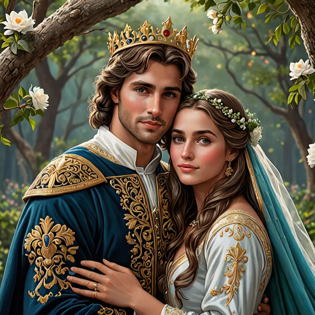 a painting of a man and woman dressed in medieval clothing hugging each other in a forest with white flowers, fantasy art, a detailed painting, Edwin Georgi, highly detailed digital painting
