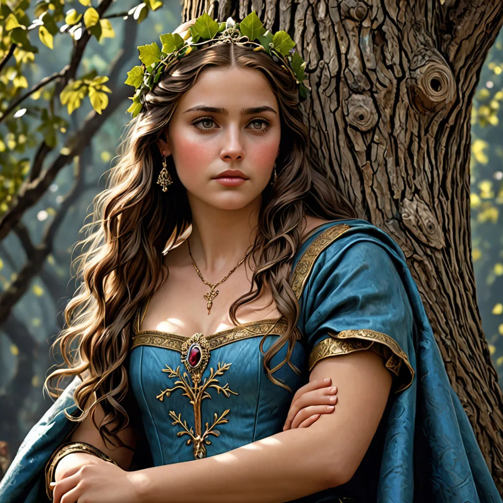 a woman in a blue dress standing next to a tree with a crown on her head and a green cape on, gothic art, a detailed matte painting, Araceli Gilbert, promotional image