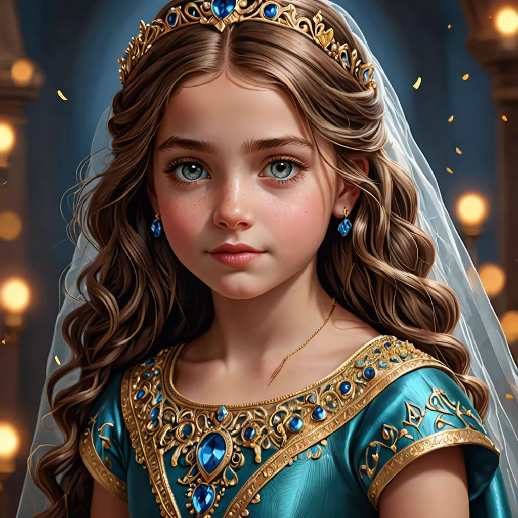 a painting of a little girl in a blue dress with a tiara on her head and a veil on her head, fantasy art, a detailed painting, Charlie Bowater, highly detailed digital painting