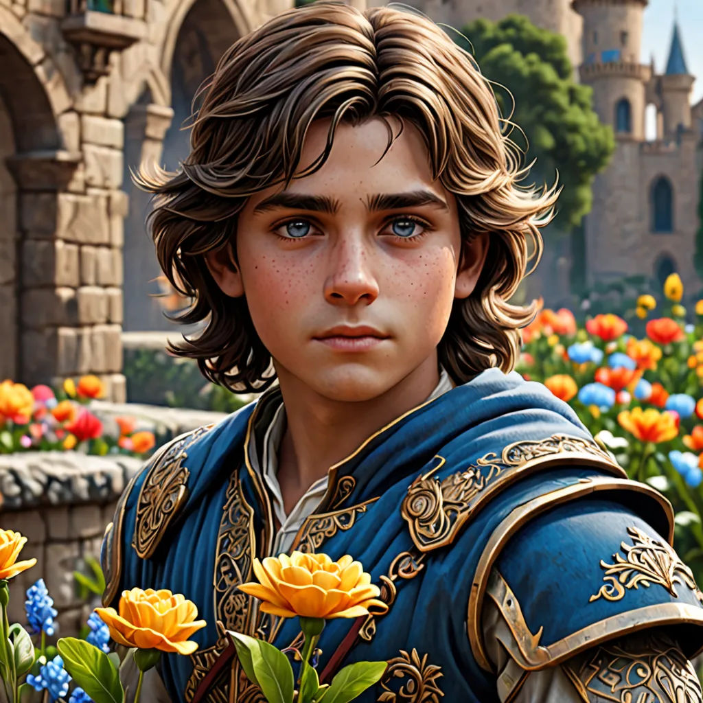 a young man in a blue and gold outfit holding flowers in front of a castle like building with a clock tower, fantasy art, a character portrait, Brothers Hildebrandt, rossdraws global illumination