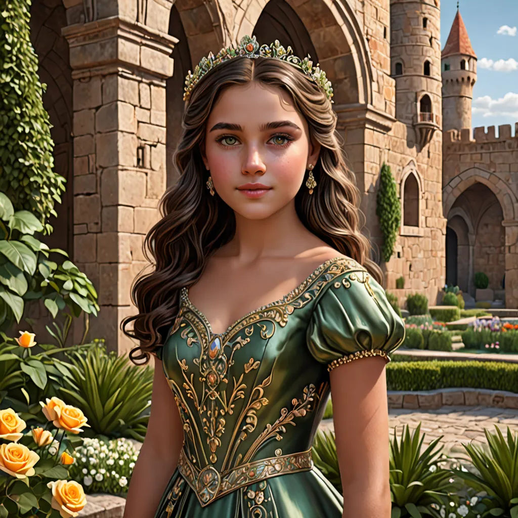 a girl in a green dress standing in front of a castle like building with a rose bush in front of her, fantasy art, a storybook illustration, Anne Stokes, highly detailed digital painting