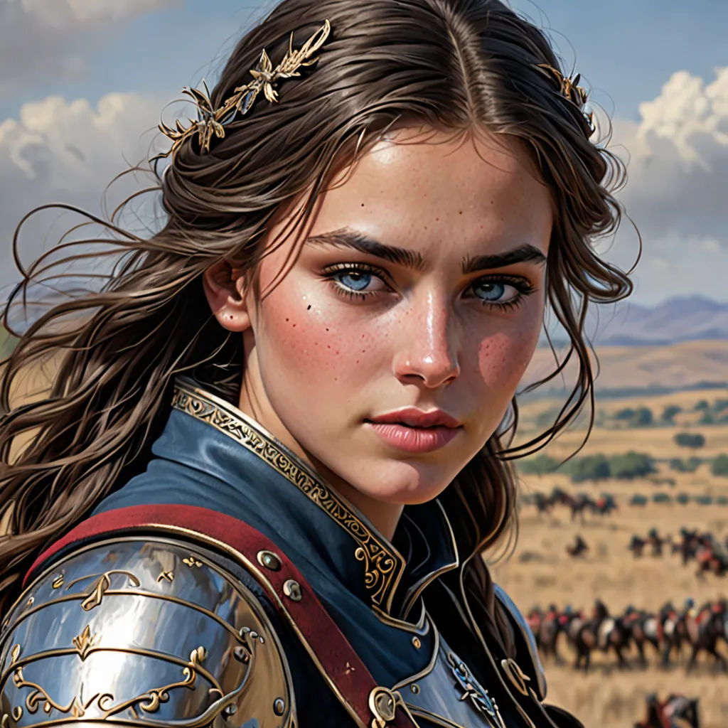 a woman in a armor is standing in a field with horses in the background and a sky with clouds, fantasy art, a detailed painting, Alex Horley-Orlandelli, trending on artstation hq