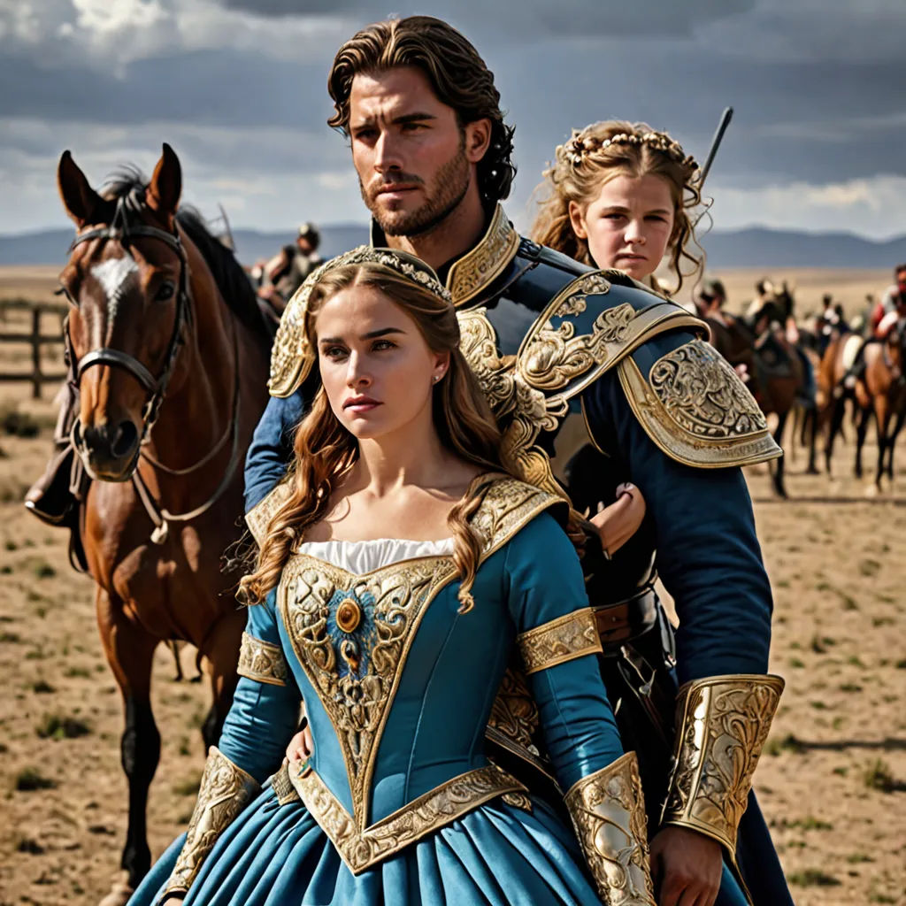 a man and a woman in medieval costumes standing next to a horse in a field with other people in the background, antipodeans, a flemish Baroque, Altoon Sultan, promotional image