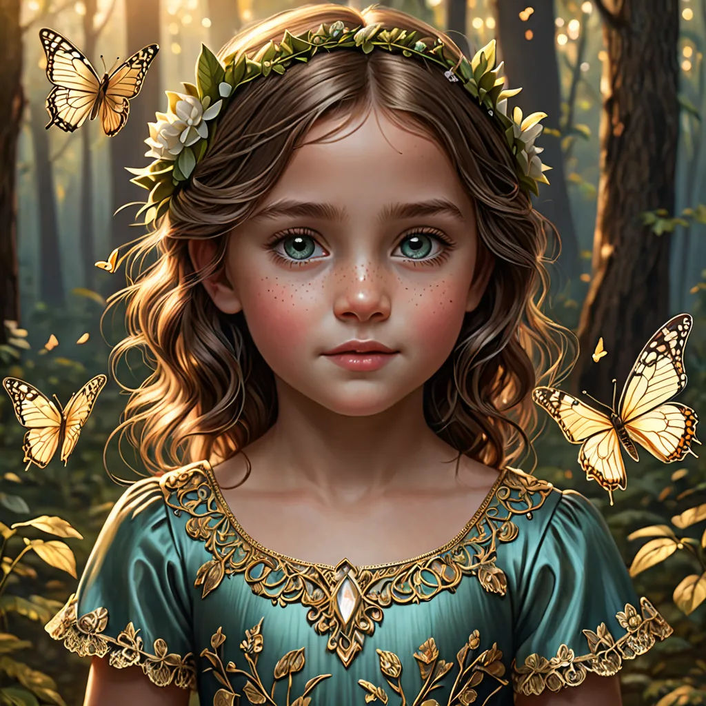 a painting of a girl in a green dress surrounded by butterflies in a forest with a sunbeam and a forest background, fantasy art, a detailed painting, Charlie Bowater, highly detailed digital painting