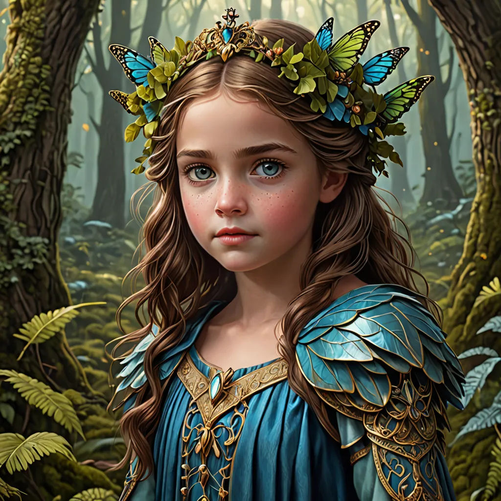 a painting of a girl in a forest with butterflies on her head and a blue dress with a gold crown, fantasy art, a detailed painting, Anne Stokes, highly detailed digital painting