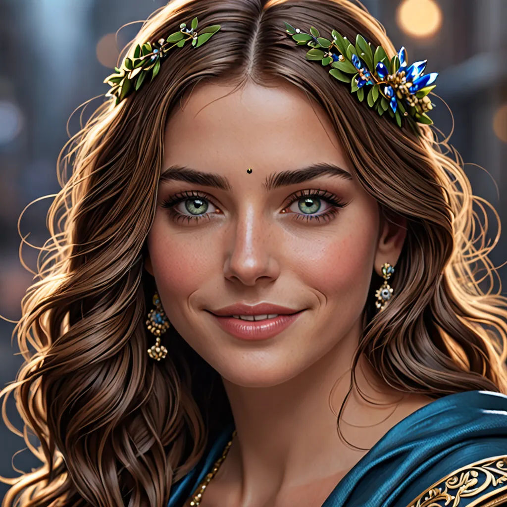a digital painting of a woman wearing a blue dress and a tiara with flowers on her head and a smile, photorealism, a digital painting, Clint Cearley, highly detailed digital painting